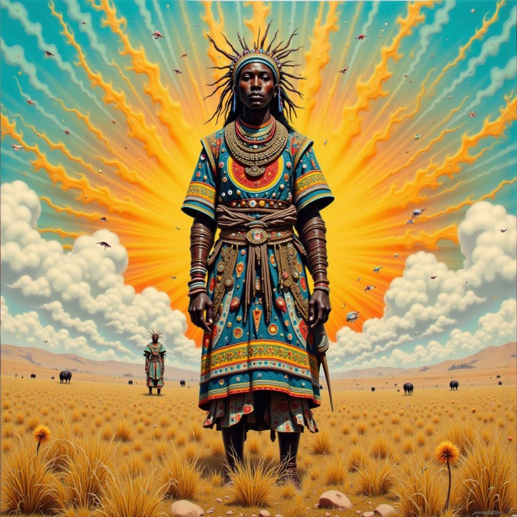 Maasai Warrior in Savannah, Dystopian Realism Style