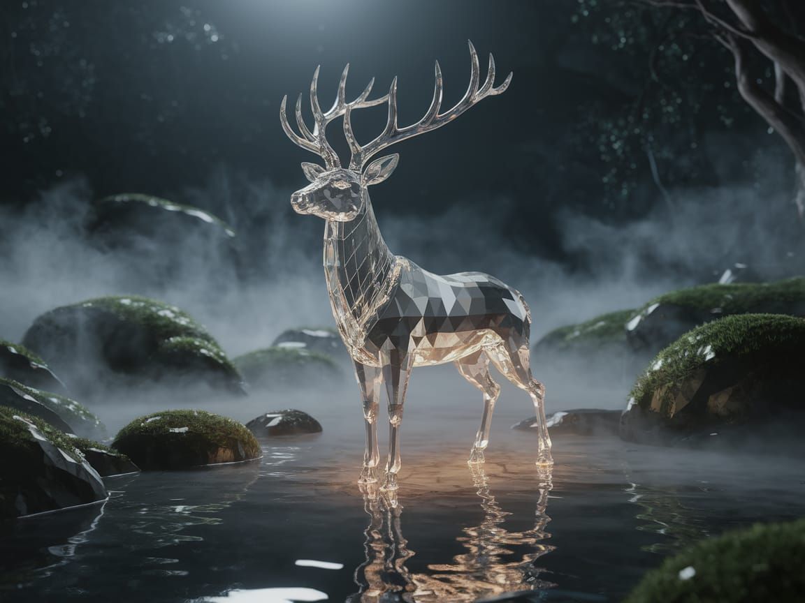 Crystal Stag in Enchanted Forest: Digital Art