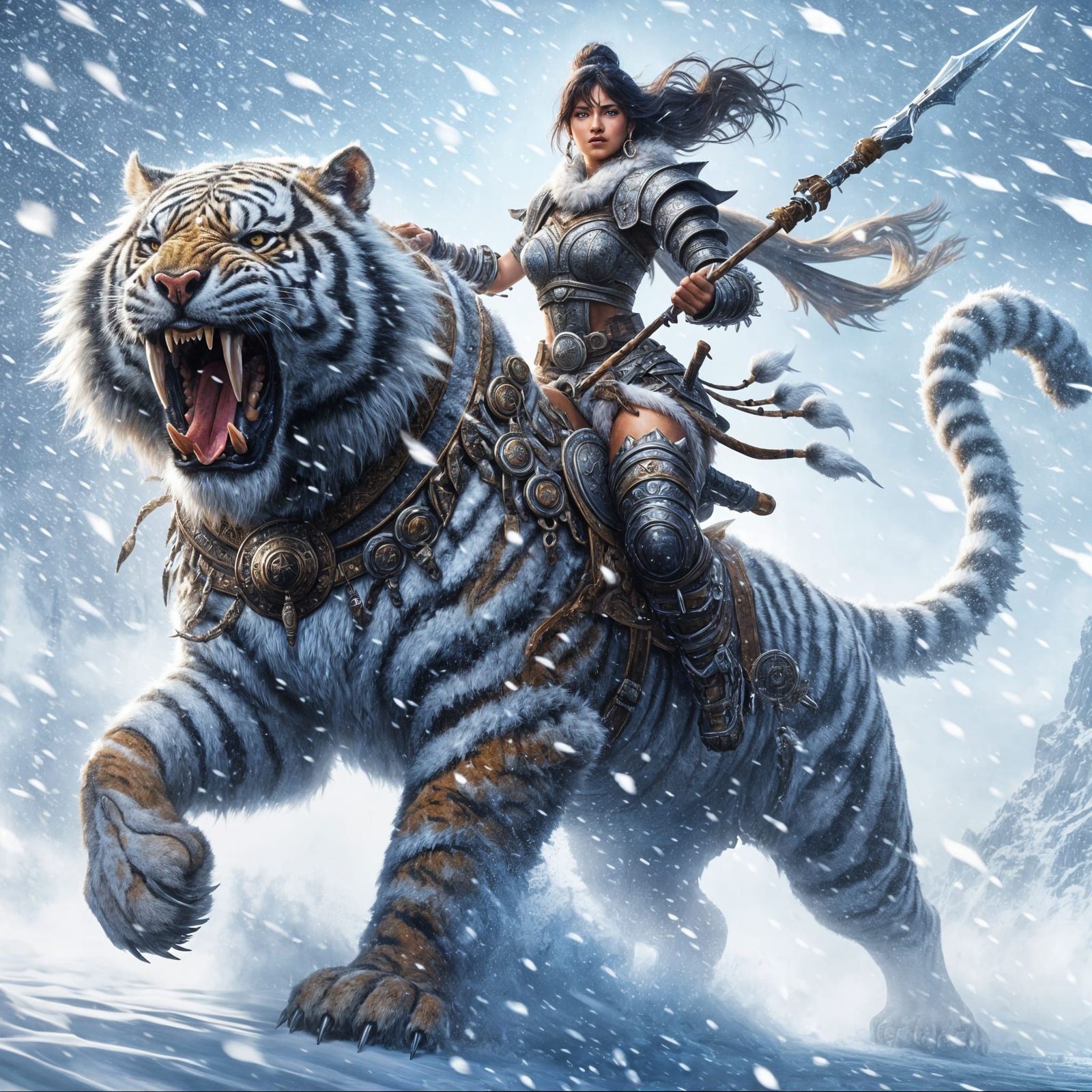 Armored Warrior and Tiger Brave a Snowstorm