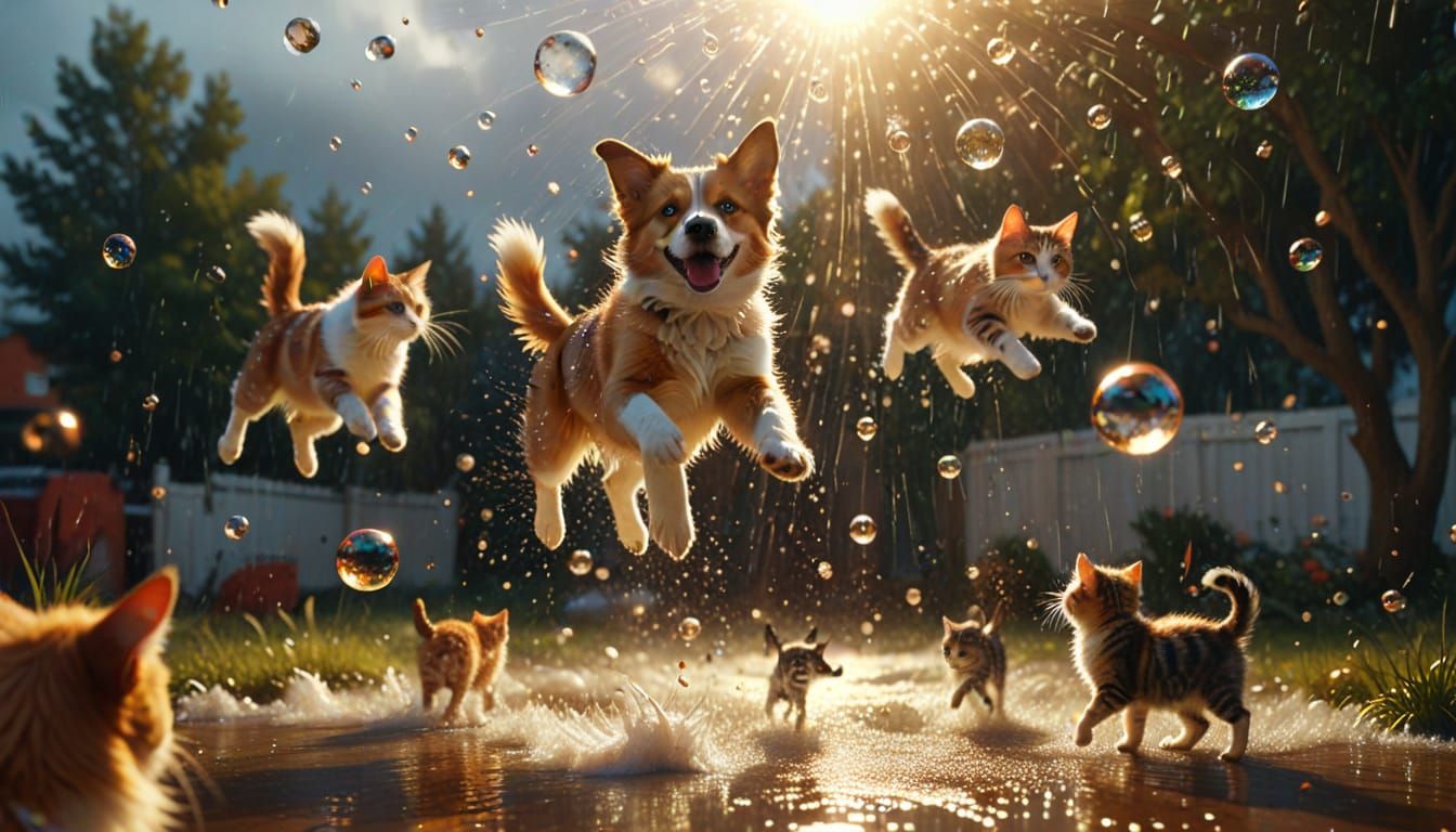 Raining Pets in Bubbles: Hyper-Realistic Digital Art
