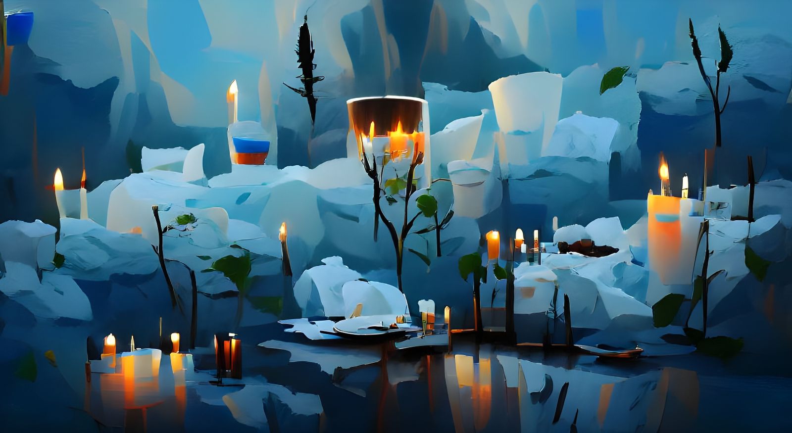 Candlelit Arctic Ice Cave Minimalist Painting