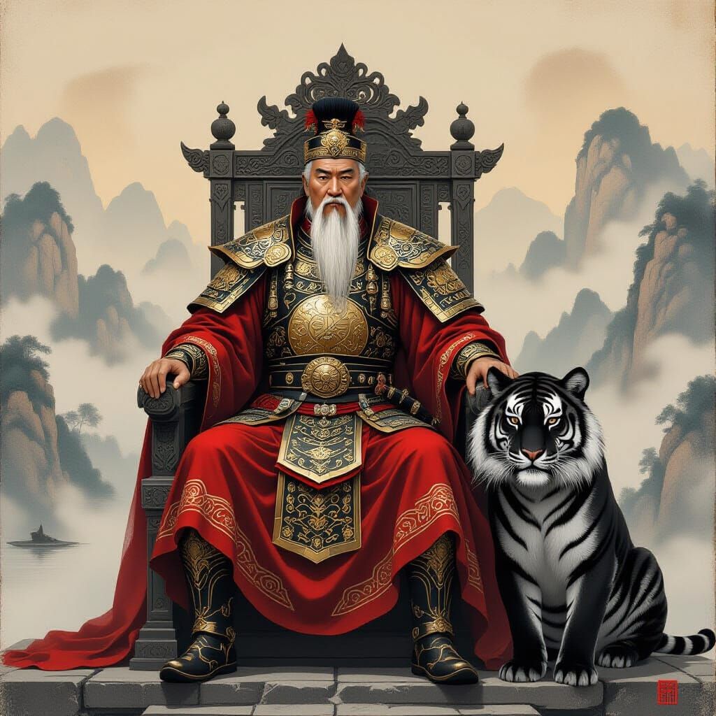 Ancient Chinese Warlord with Tiger in Traditional Painting
