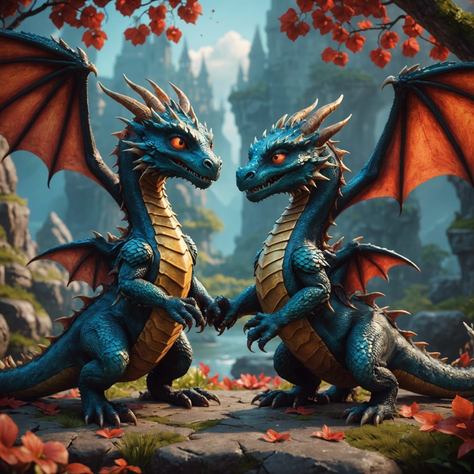 Cute Dragons in Love Fighting: Detailed Matte Painting
