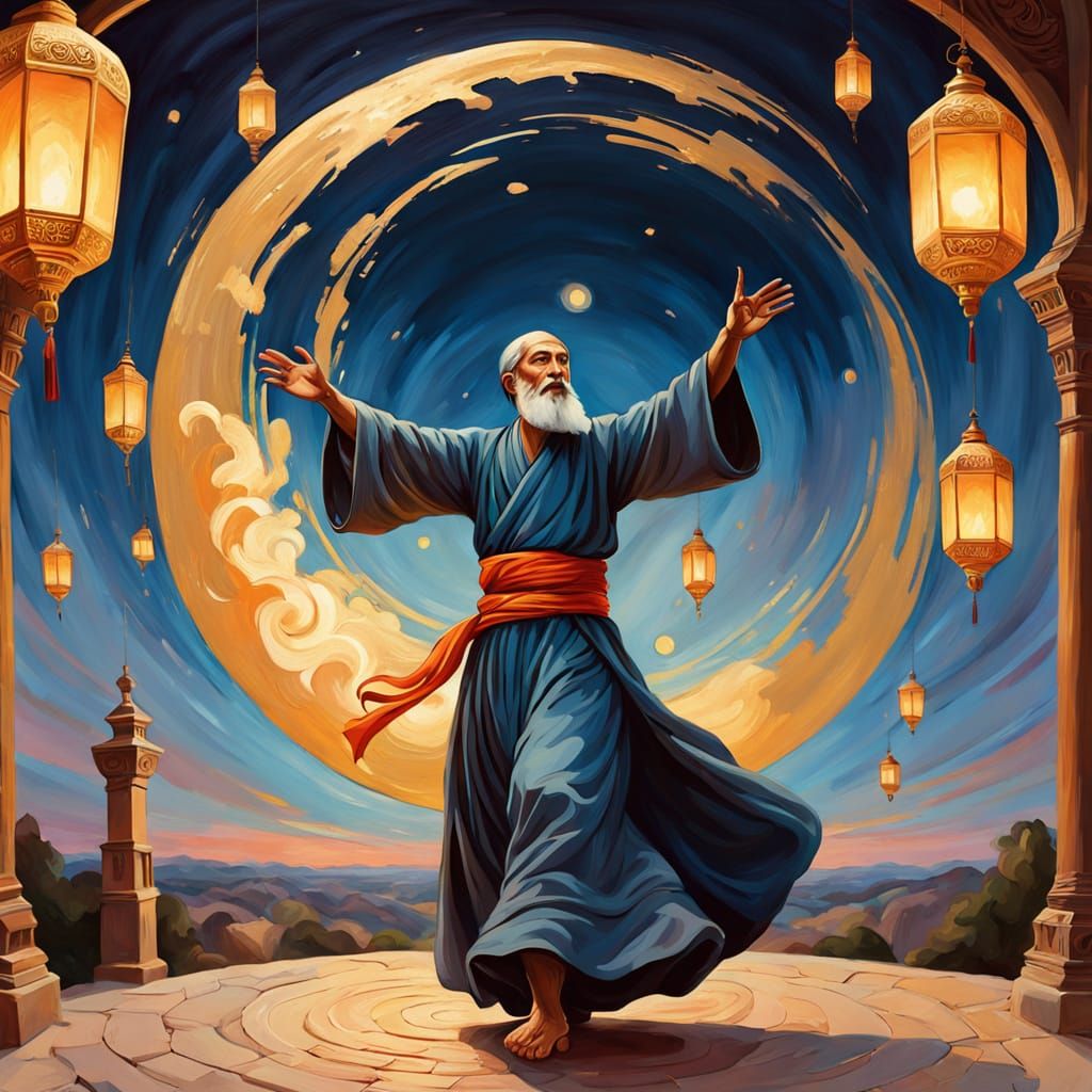Whirling Dervish in Gouache Style Under Twilight Sky
