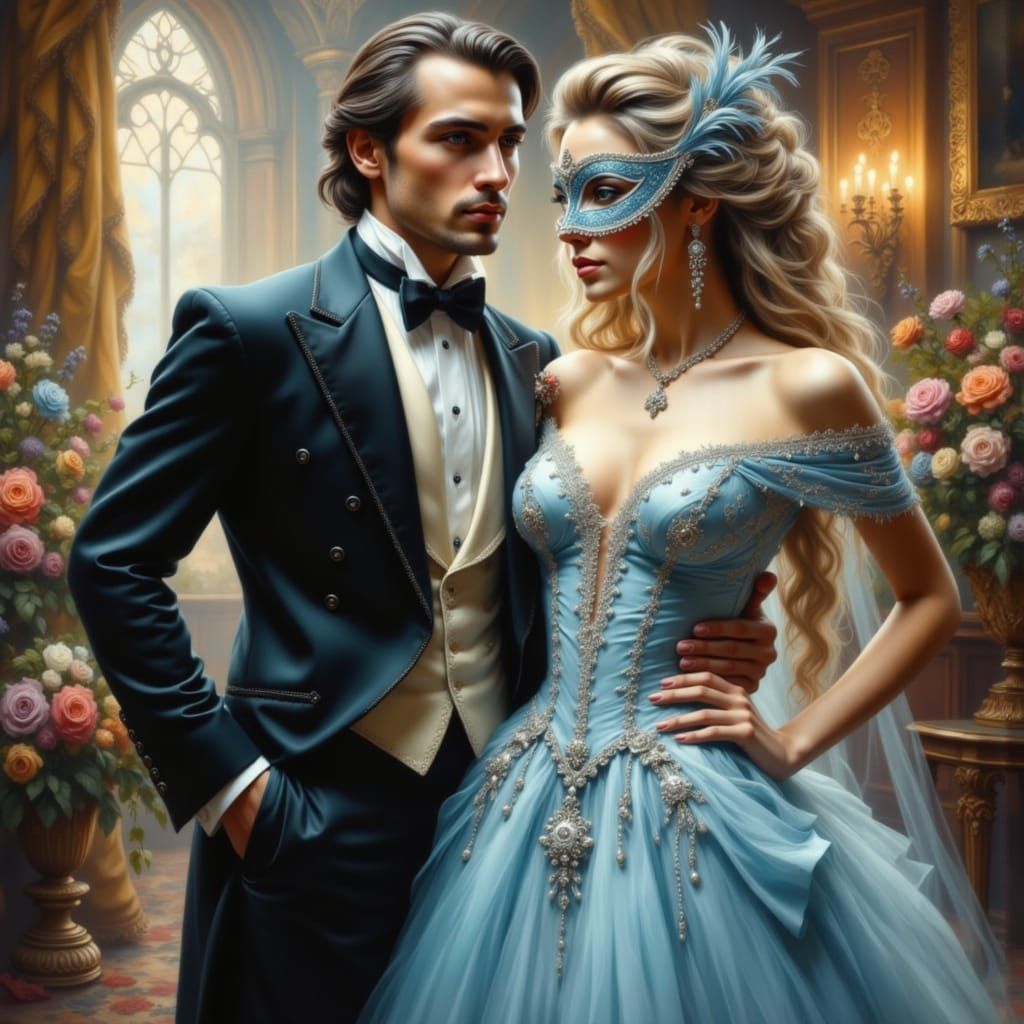 Couple at Masquerade Ball in Ethereal Fantasy Style