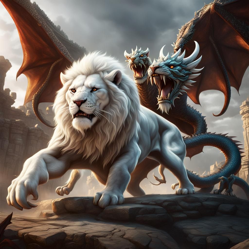 Epic Battle: White Lion Versus Dragon