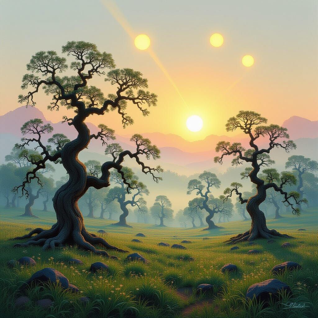 Ancient Trees in Rainbow Meadow at Dawn