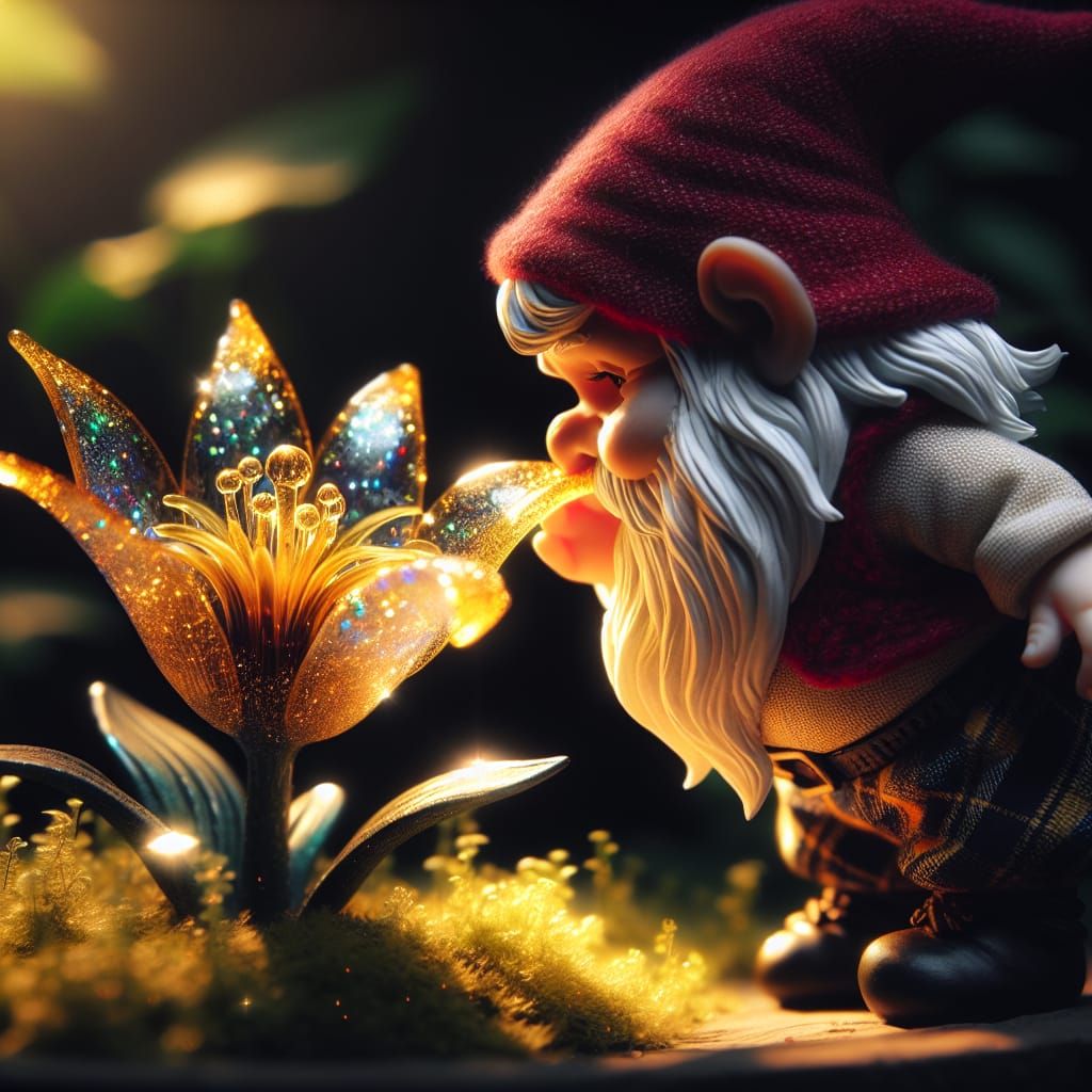 Gnome Smelling a Magical Golden Flower