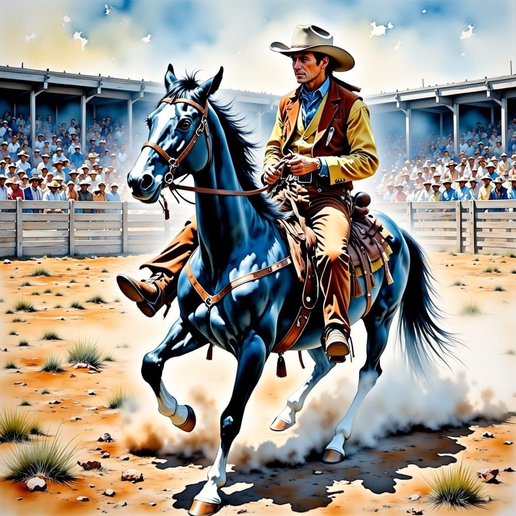 Japanese Rodeo Cowboy in Texas: Ghibli Watercolor