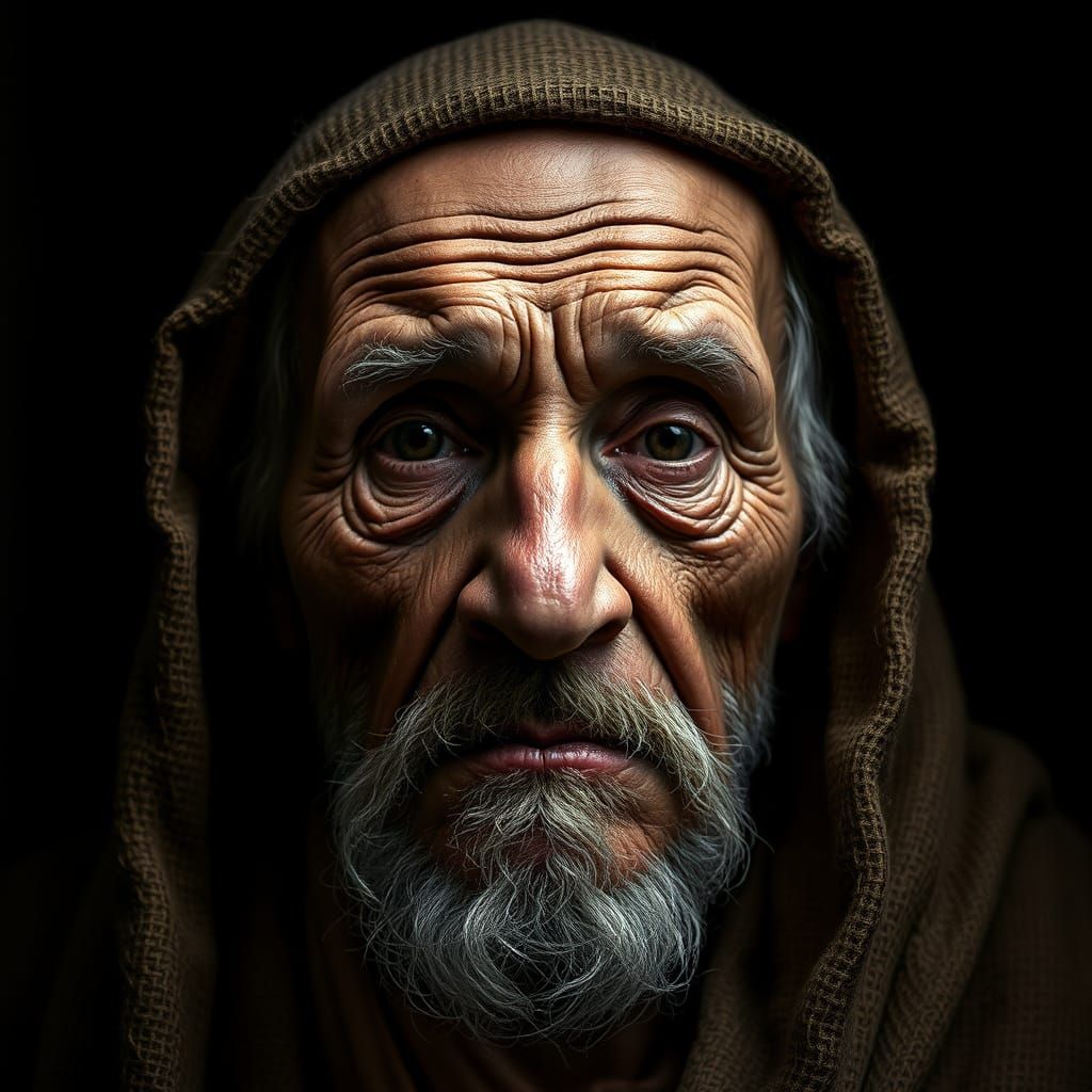 Wise Elder's Burlap Portrait in Dramatic Chiaroscuro