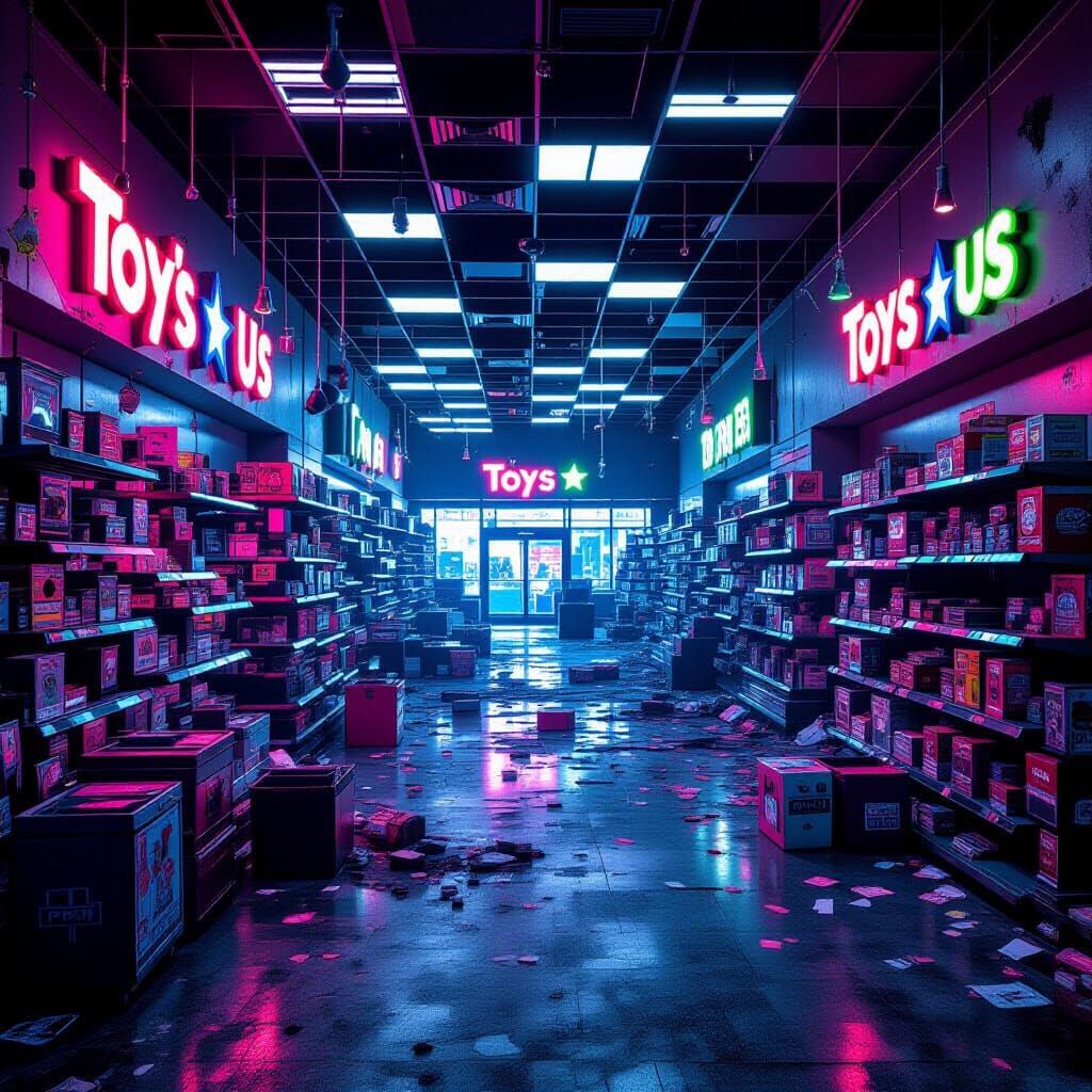 Derelict Toys "R" Us Store in Neon Dystopian Glow