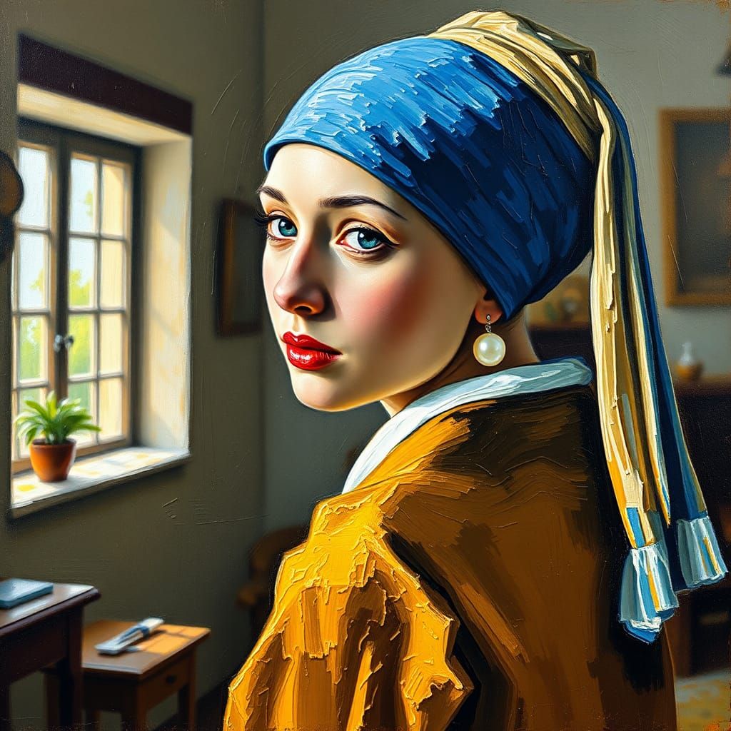 Woman with Pearl Earring in Impasto Style