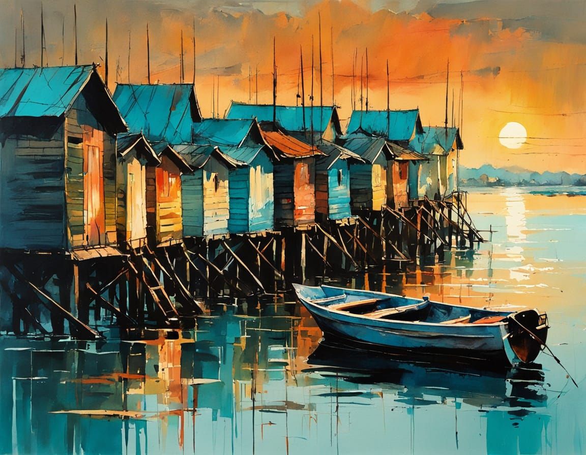 Turquoise Fishing Huts in Soft Light, Watercolor Linocut