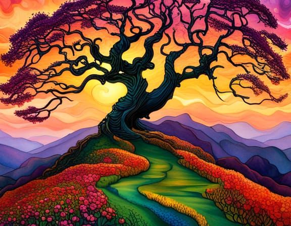 Twisting Oak Tree in Ethereal Sunset Glow