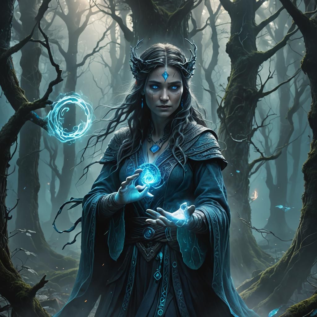 Mystical Sorceress with Blue Energy in Fantasy Forest