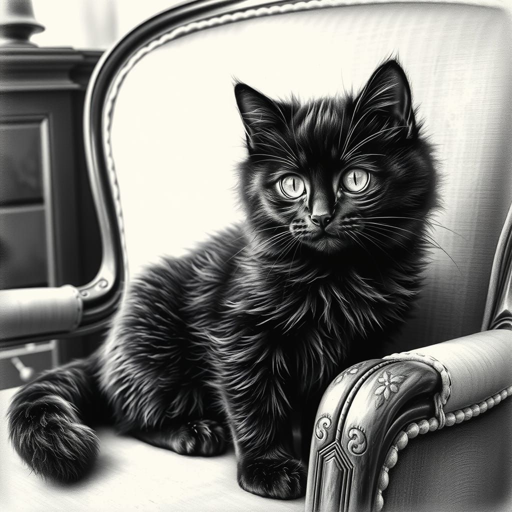 Whimsical Charcoal Portrait of a Fluffy Black Cat