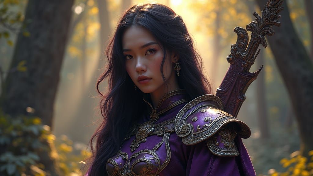 Dark-Haired Warrior Girl with Arbalest in Ancient Forest