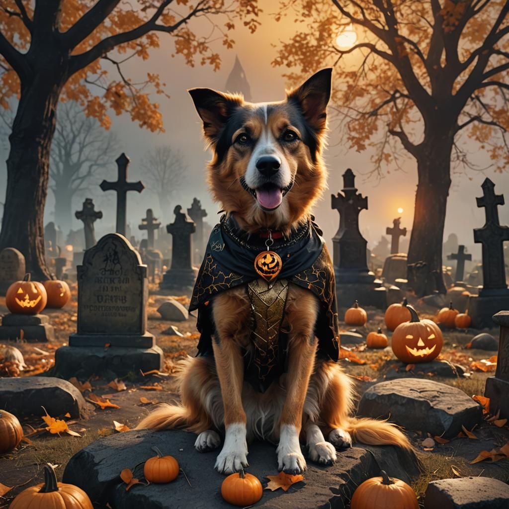 Dog in Halloween Costume in Graveyard
