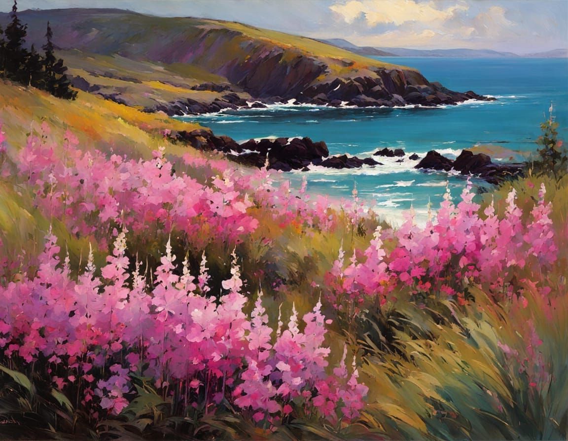 Soft Oil Painting of Fireweed by the Sea