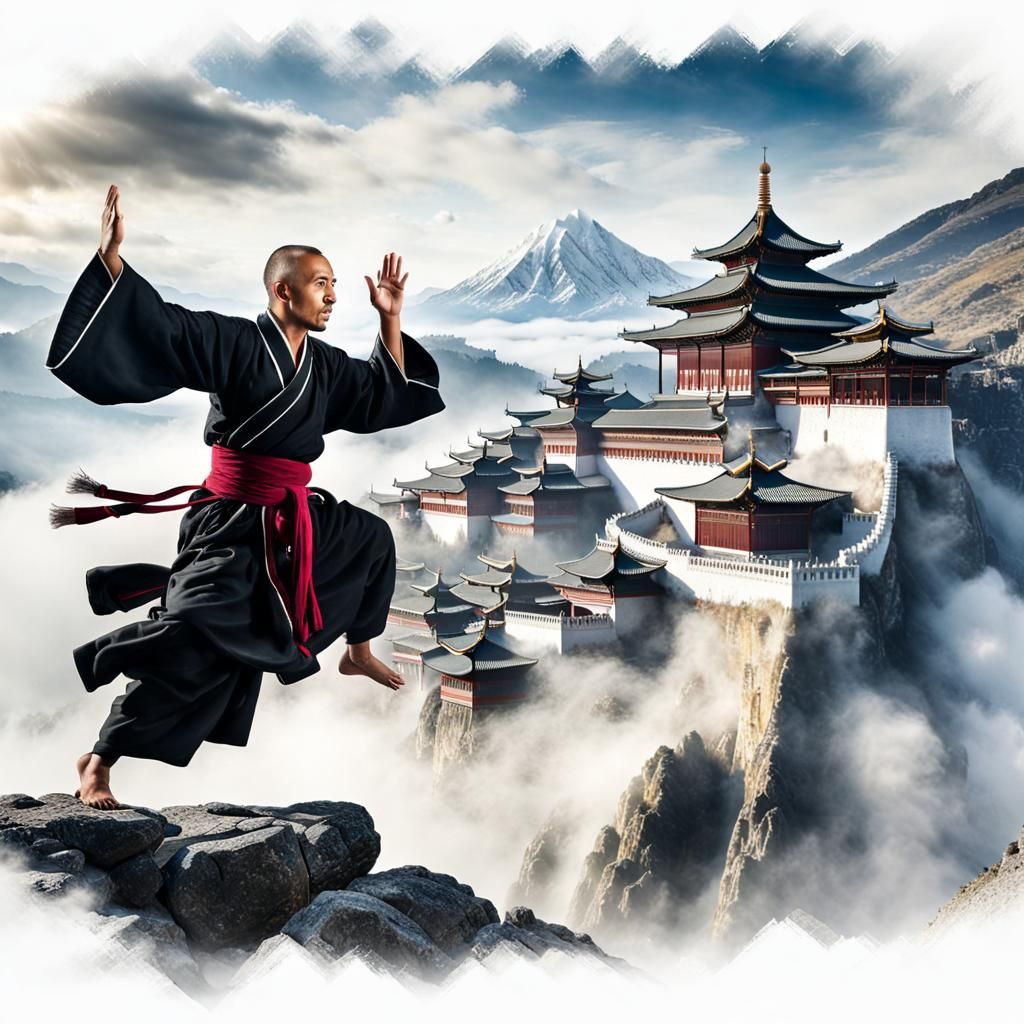 Monk Practicing Kung Fu: Encaustic Oil Painting