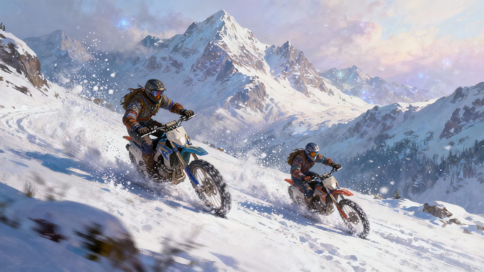 Fantasy Bikers Skid Through Snowy Mountain Landscape