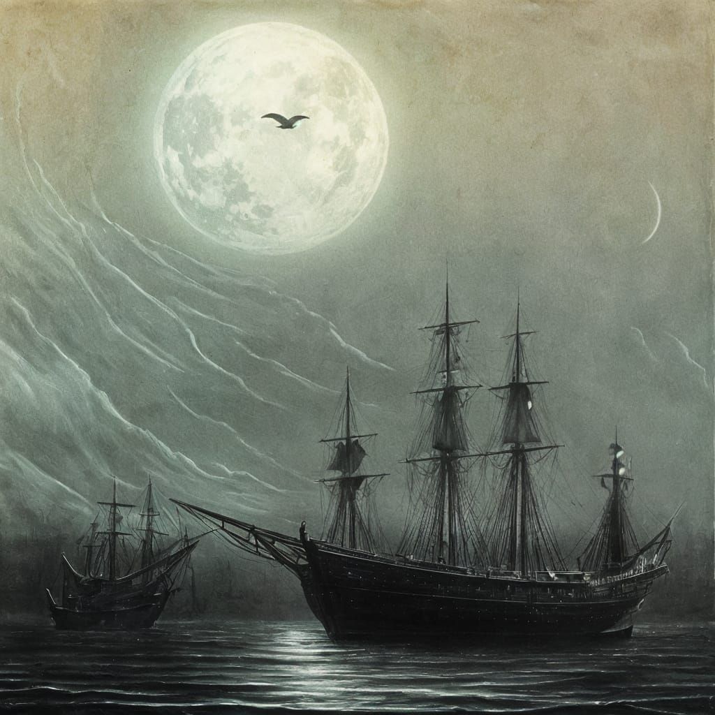 Ghostly Pirate Ship in Full Moon Fog