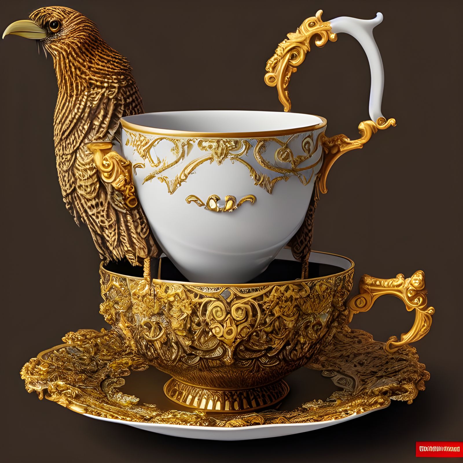 Raven on Teacup in Hyperrealistic Comic Art Style