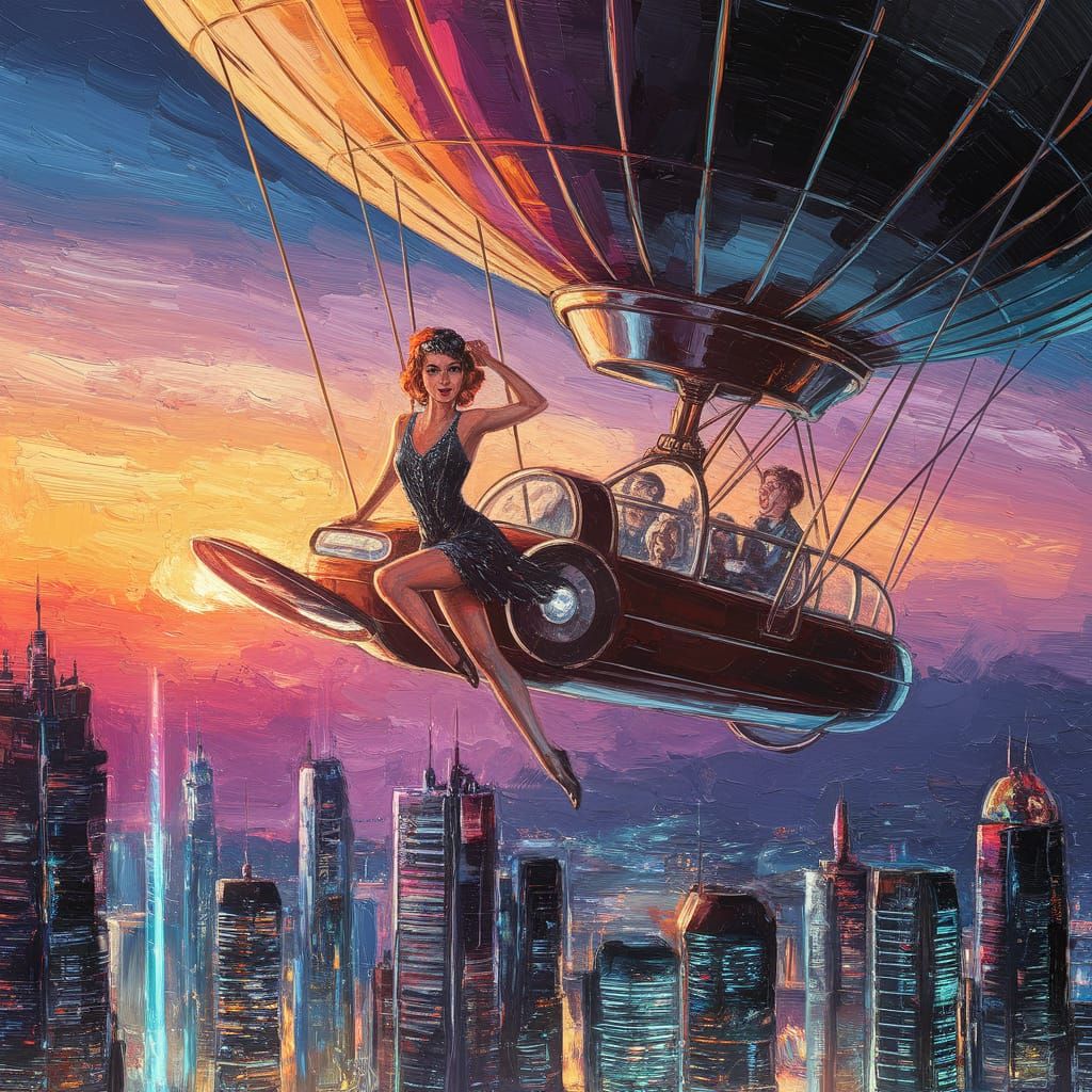 Flapper Girl Pilots Zeppelin over Metropolis in Oil Painting