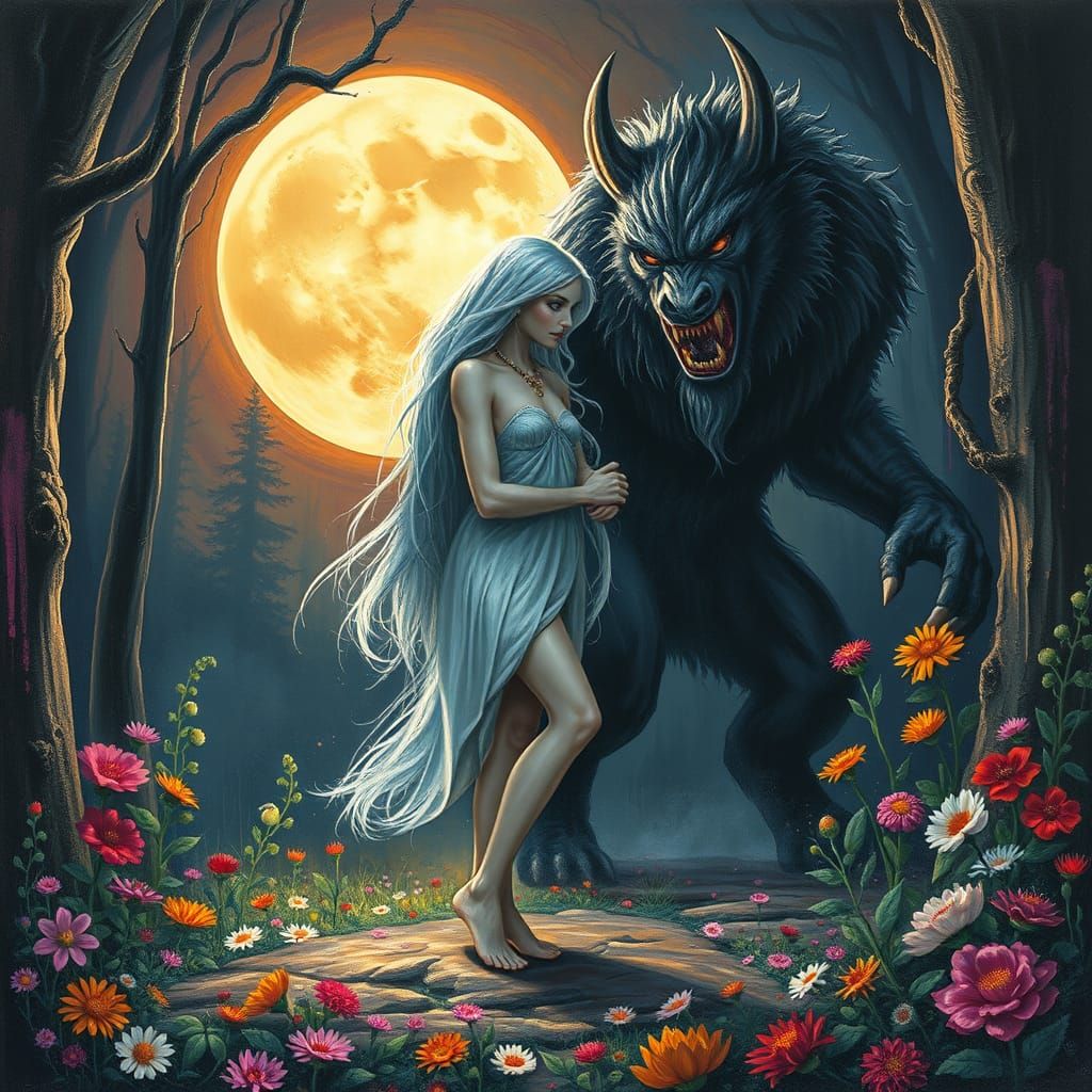 Ethereal Goddess Tames Beastly King Under Glowing Moonlight