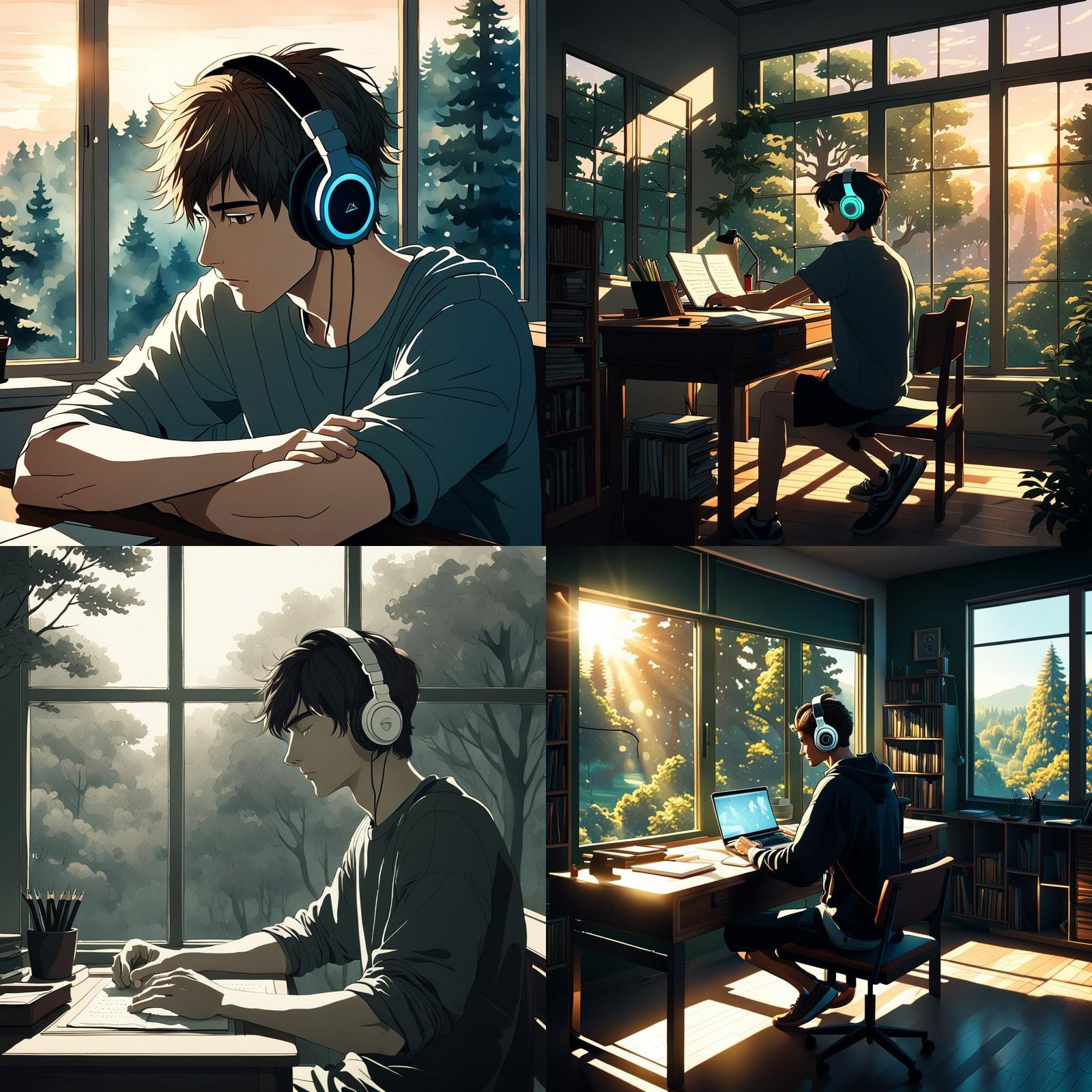 Lofi Anime Man Studying with Tree View
