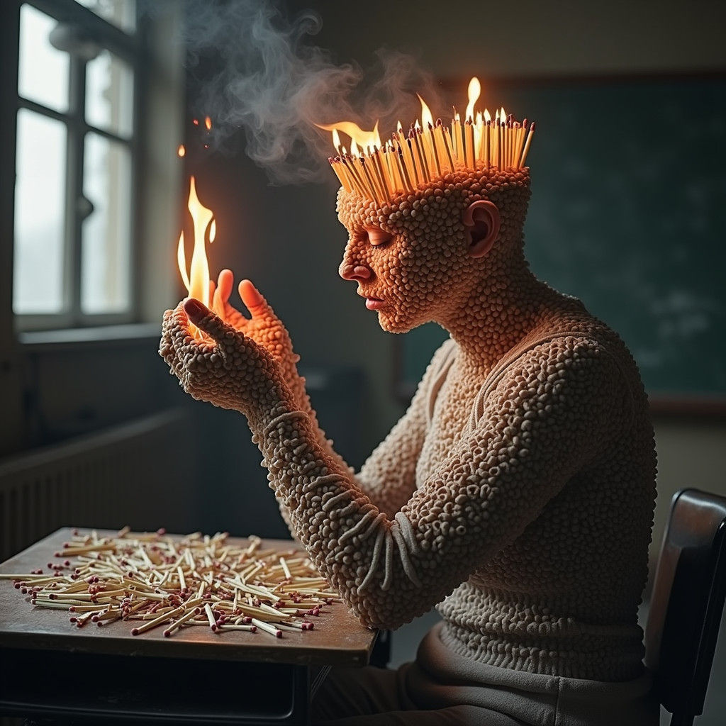 Surreal Woman Made of Matches in Burning Classroom