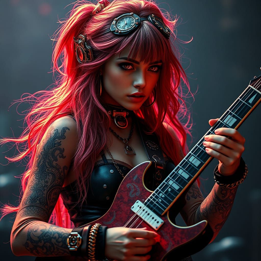 Steampunk Woman Playing Electric Guitar