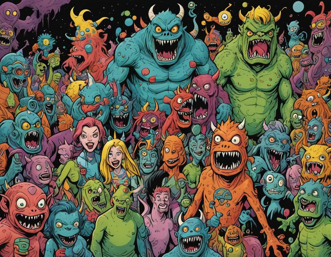 Lively Monster Party Scene in Comic Book Style