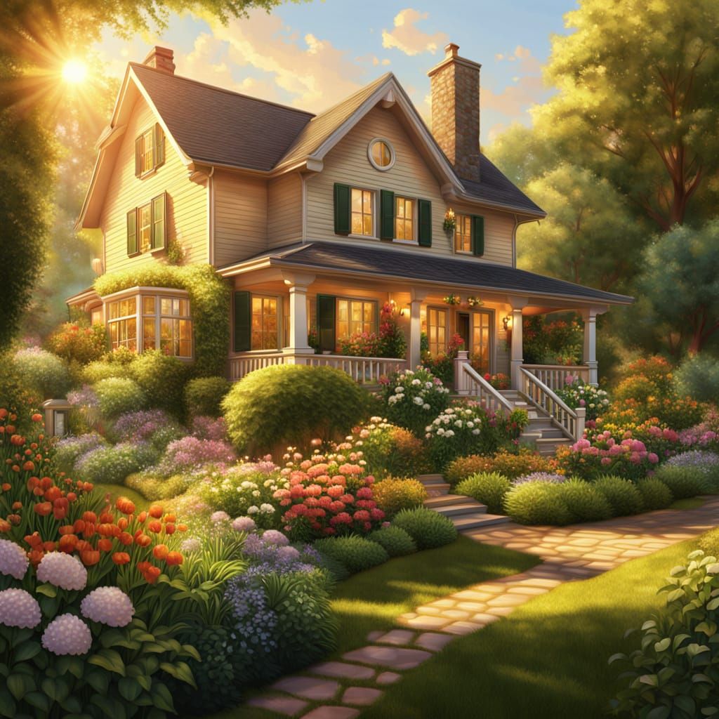 Realistic Digital Art of a House with Garden at Golden Hour