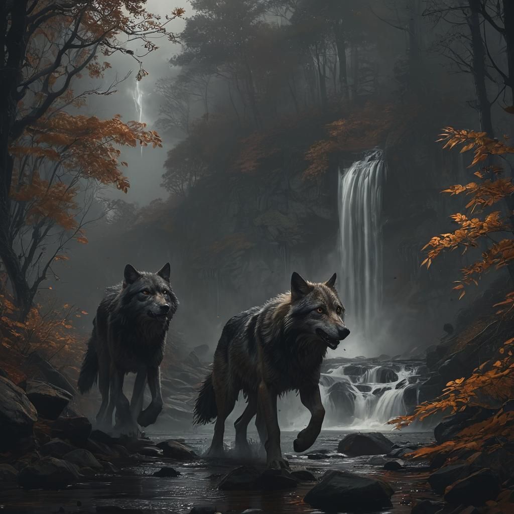 Mystical Wolves Run Through Forest at Night