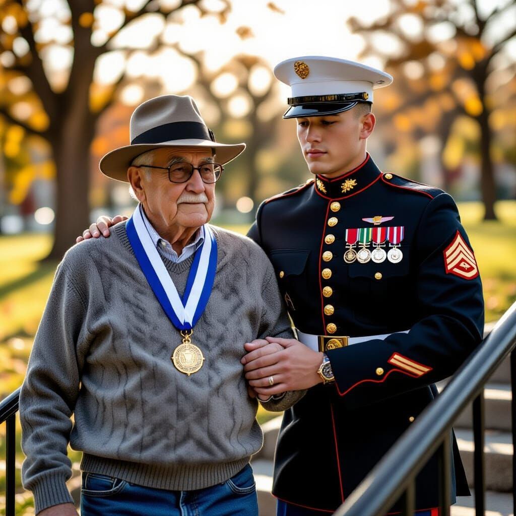 Marine Helps Veteran Climb Stairs in Park
