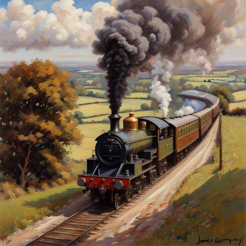 Steam Train Through English Countryside: Oil Painting