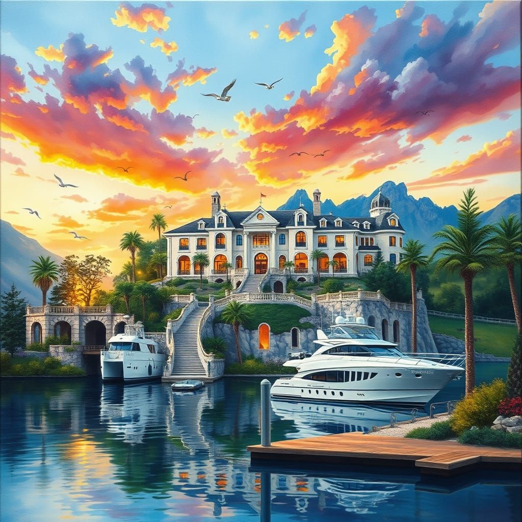 Palace on Cliff Overlooking Lake at Sunset in Gouache Style