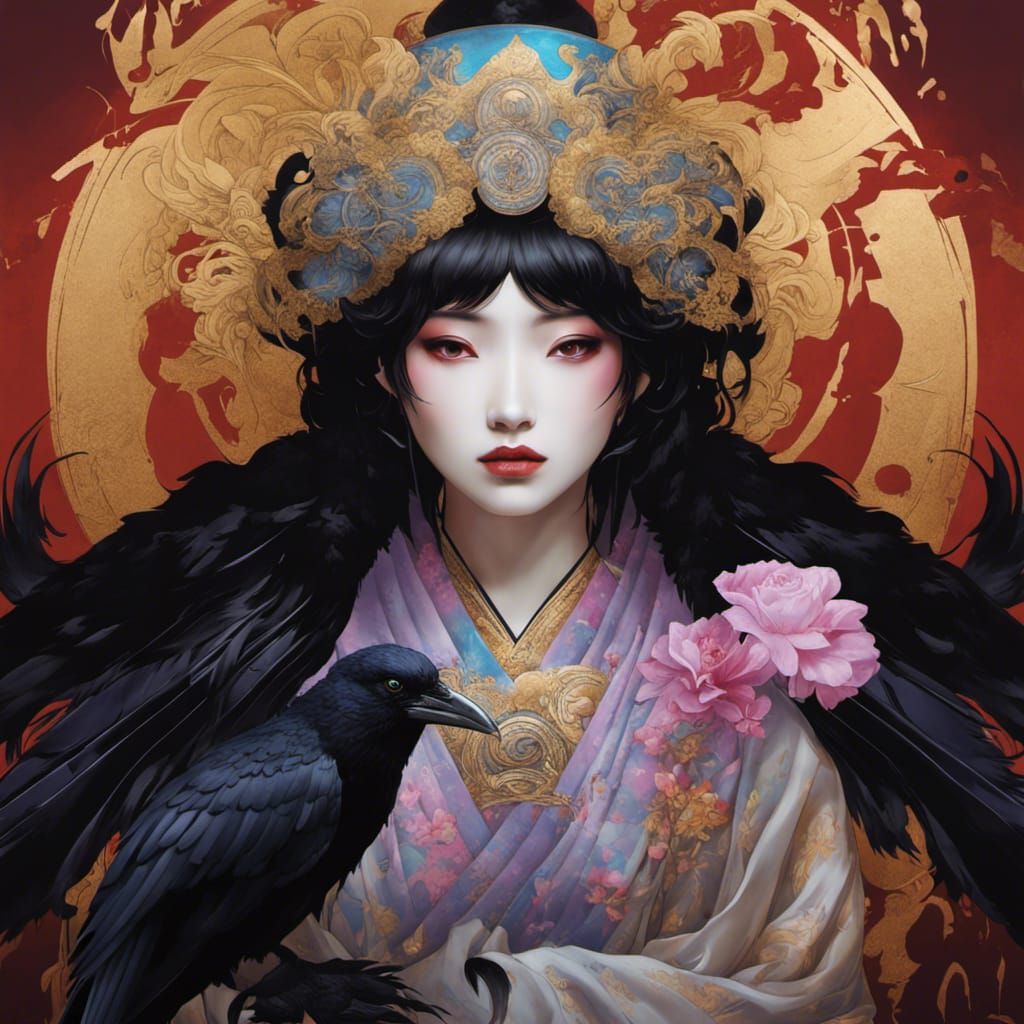 Beautiful Raven Yokai in Graffiti Art Style