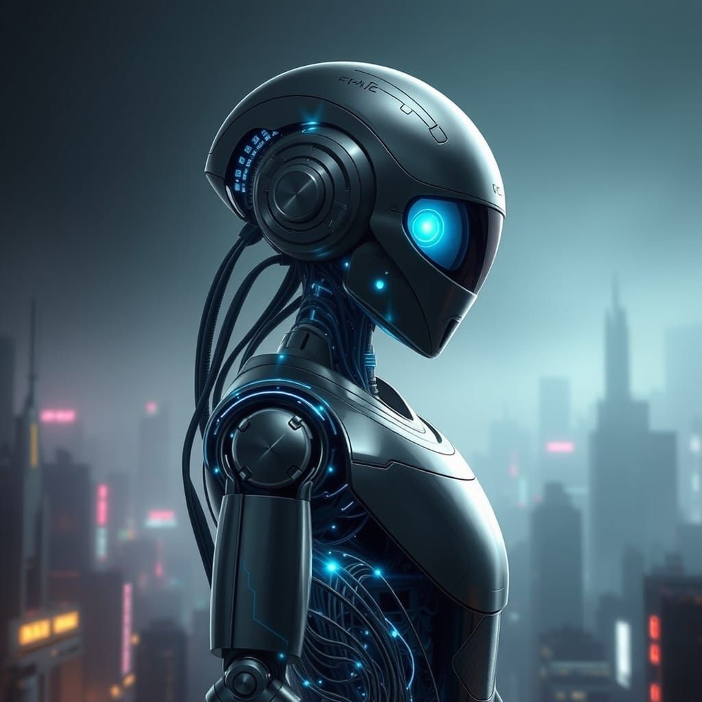 Cyberpunk Chatbot in Dystopian Cityscape