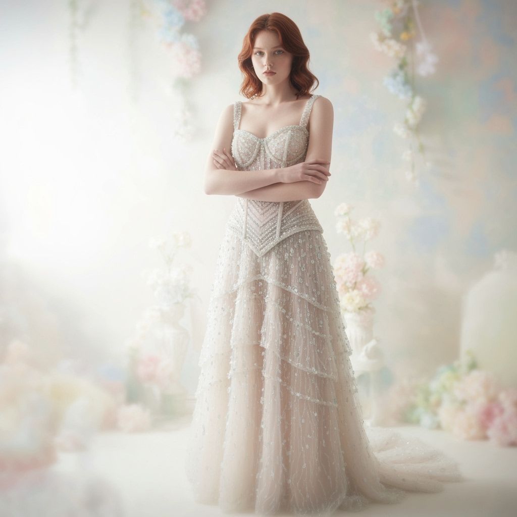 Auburn Haired Woman in Pastel Gown: Fashion Photography
