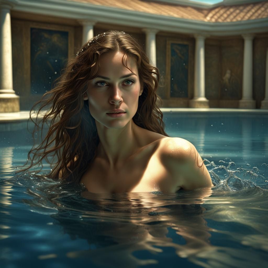 Brunette Woman Swimming Underwater in Renaissance Style