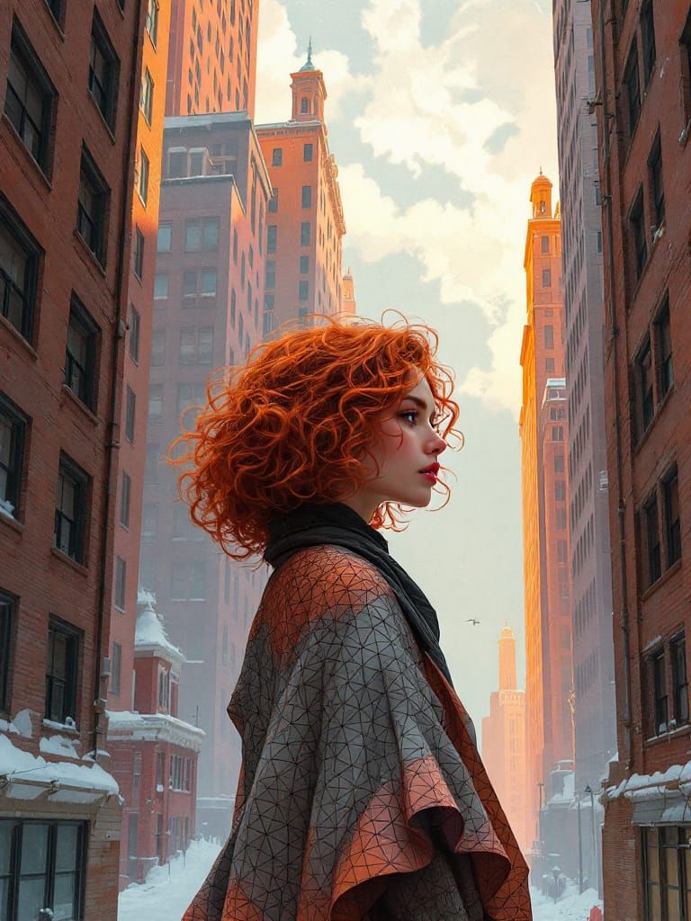 Red Haired Woman in Geometric Garment, Urban Canyon