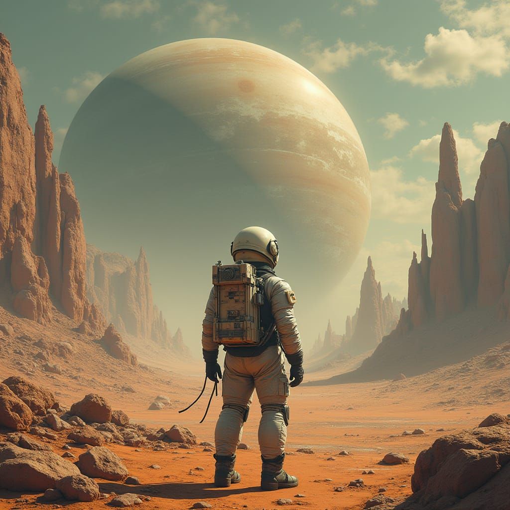 Astronaut on Alien Planet with Ringed Planet