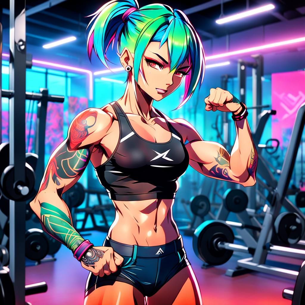 Anime Girl Flexing Muscles in Gym with Tattoos