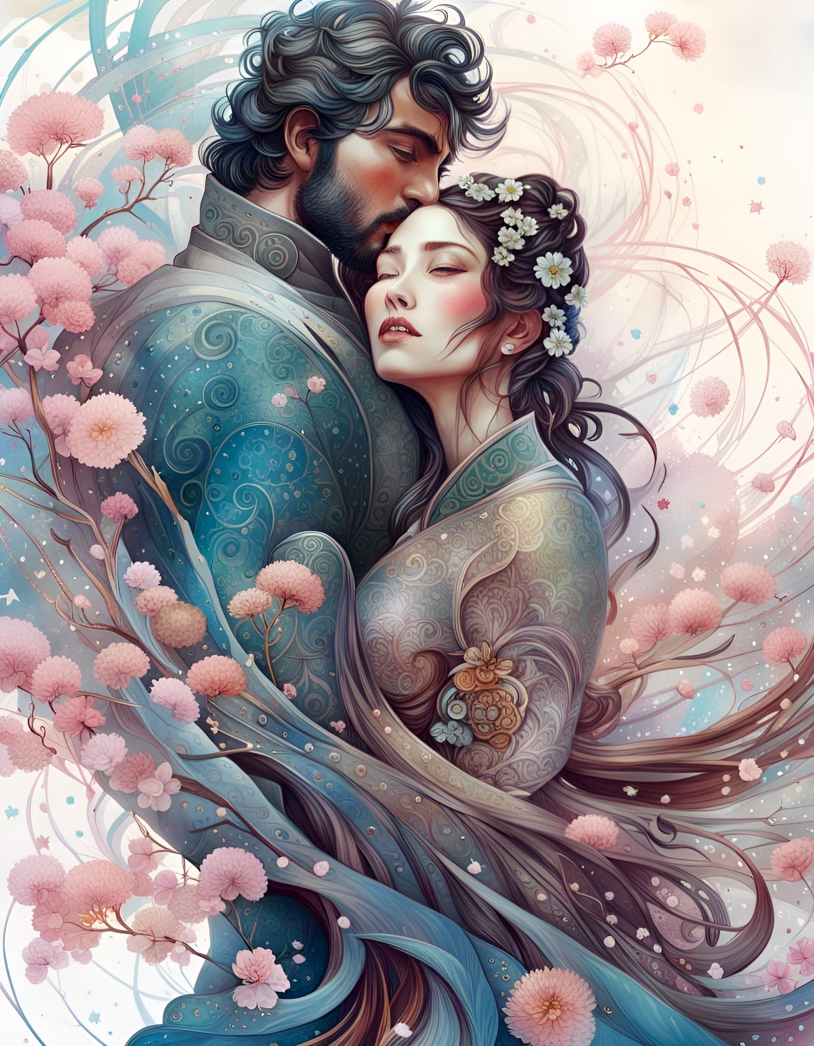 Passionate Embrace Surrounded by Sakura in Ink Art Style