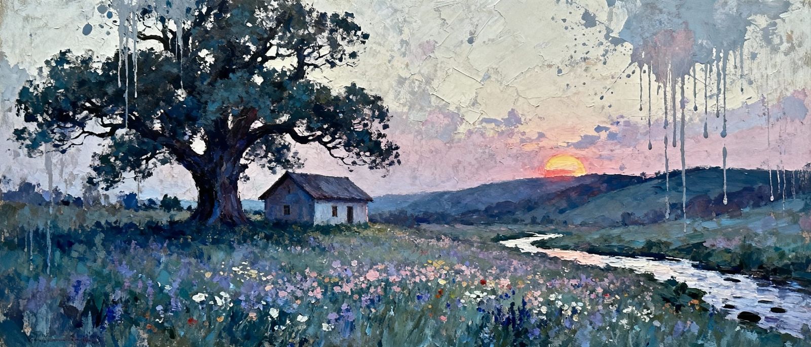 Whimsical Cottage Sunset Meadow Painting