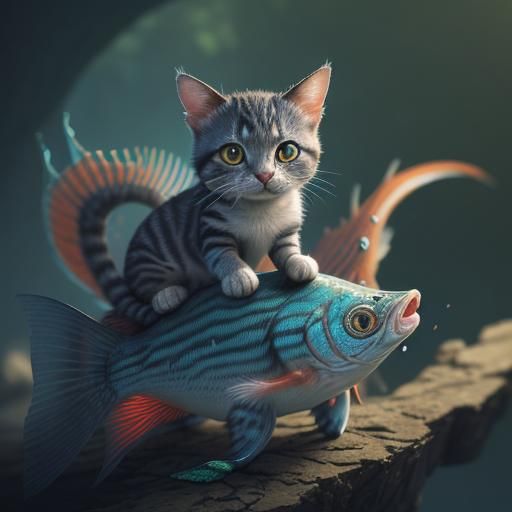 Cat Perched on Fish Shoulder: 8K Concept Art