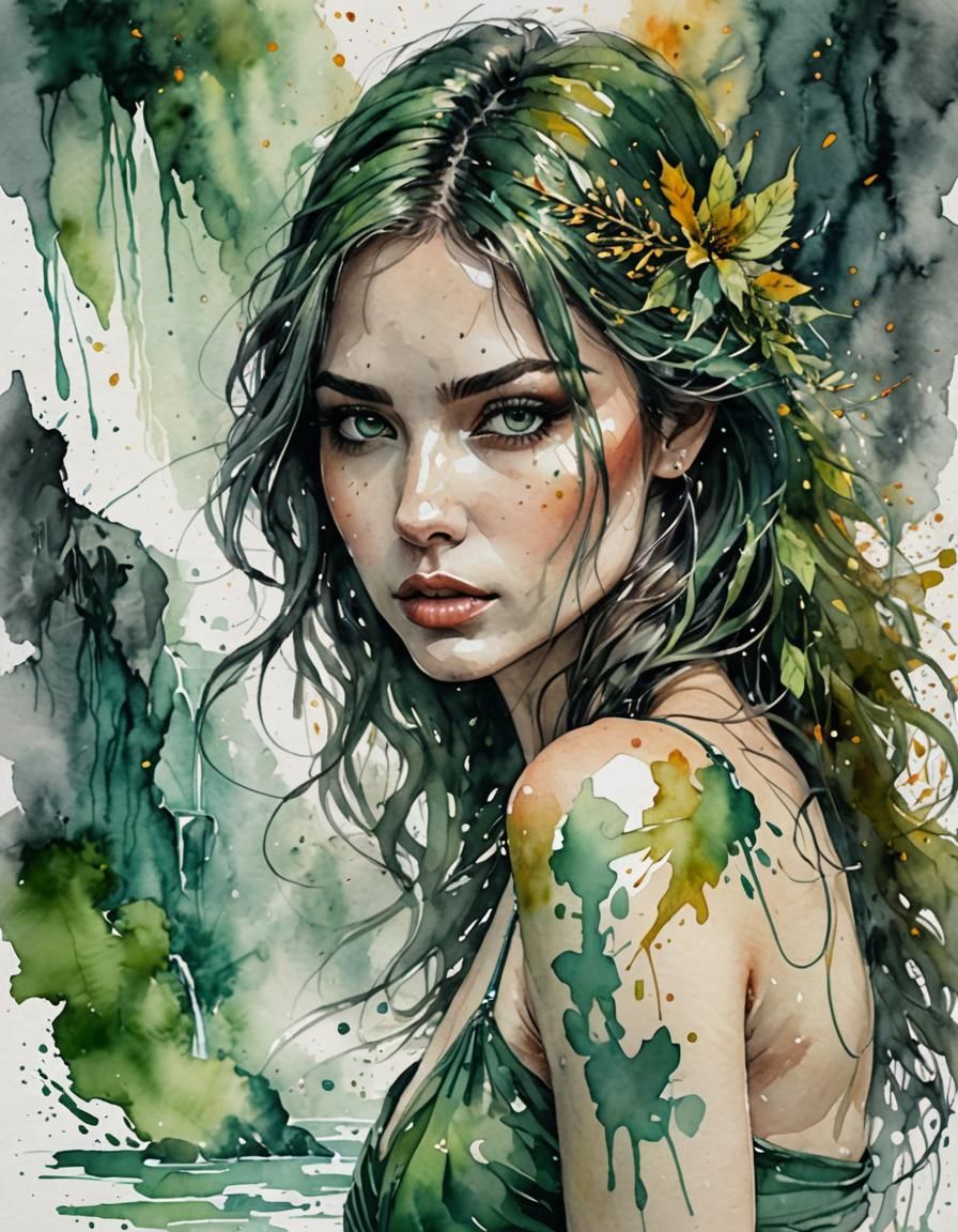 Fantasy Waterfall Scene in Cubist Watercolor Style