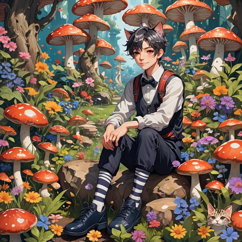Mischievous Cat Boy in Psychedelic Anime Garden
